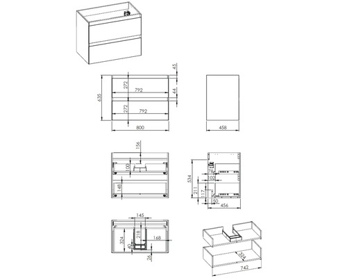 Desen tehnic al unui dulap de bază pentru lavoar cu dimensiuni