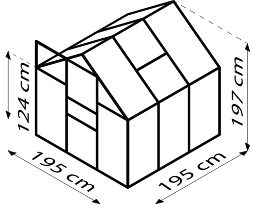 Desen al unei sere cu dimensiunile de 195 x 195 x 124/197 centimetri