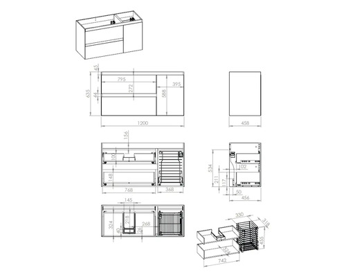 Desen tehnic al unui dulap de bază pentru lavoar cu dimensiuni