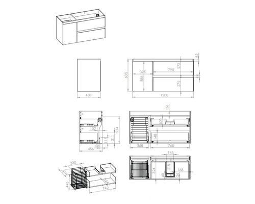 Desen tehnic al unui dulap de bază pentru lavoar cu dimensiuni.