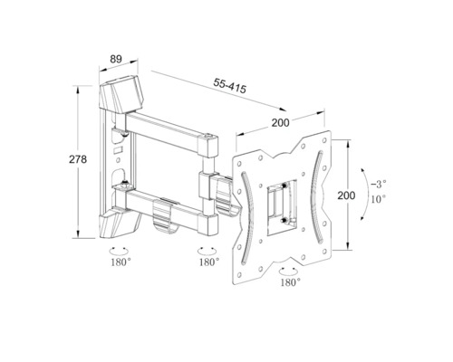 Desen tehnic al unui suport de perete rotativ pentru televizor cu dimensiuni