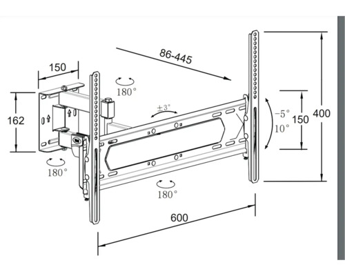 Desen tehnic al unui suport de perete pentru televizor cu dimensiuni