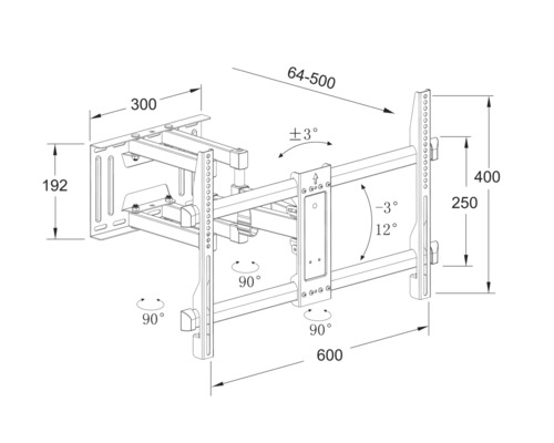 Desen tehnic al unui suport de televizor cu diverse dimensiuni și unghiuri de rotație.