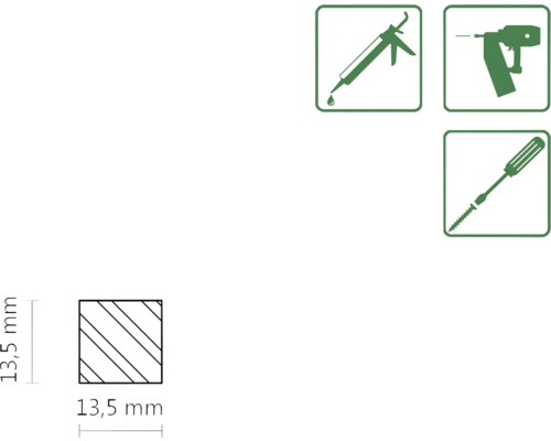 Imagine simbolică pentru prelucrarea cu adeziv, pistol de bătut cuie și șurubelniță, precum și specificarea dimensiunilor de 13,5 mm.
