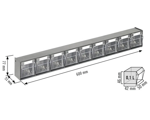 Dulap cu sertare cu zece sertare transparente și indicații de dimensiune