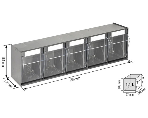 Raft cu șase recipiente transparente de depozitare pentru montare pe perete, dimensiunile sunt afișate