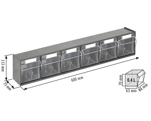 Raft de depozitare cu cinci cutii transparente și dimensiuni