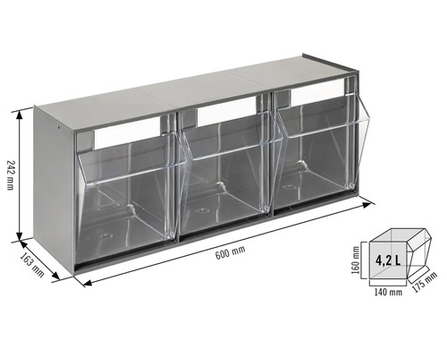 Trei cutii transparente de jgheab cu dimensiunile 600 x 242 x 163 milimetri și o capacitate de 4,2 litri