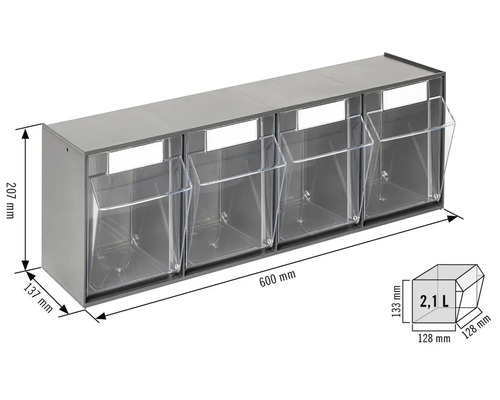 Raft cu patru cutii transparente și indicații de dimensiuni