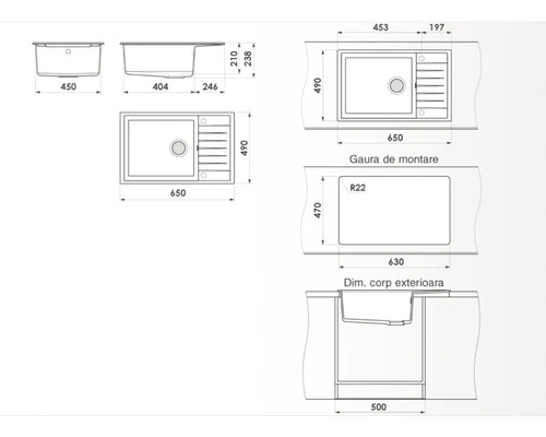 Desen tehnic al unei chiuvete de bucătărie cu dimensiuni