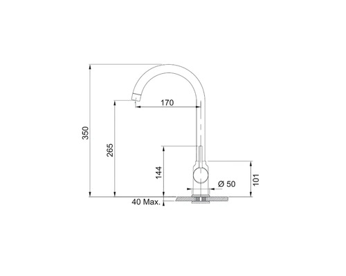 Desen tehnic al unui robinet de bucătărie cu dimensiuni