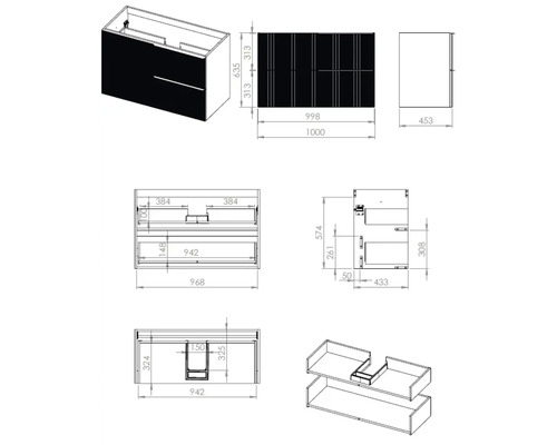 Desen tehnic al unui dulap sub lavoar cu dimensiuni