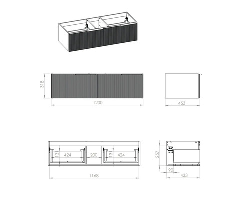 Desen cu dimensiunile dulapului de bază pentru lavoar