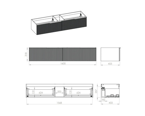 Desen tehnic al unui dulap de bază pentru lavoar cu dimensiuni