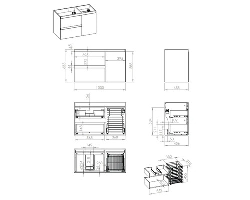 Desen tehnic al unui dulap de bază pentru lavoar cu dimensiuni.