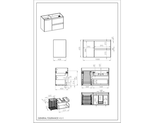 Desen tehnic al unui dulap de bază pentru lavoar cu dimensiuni