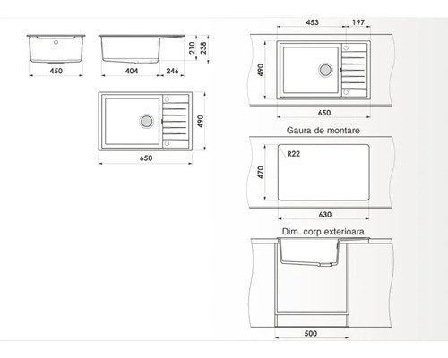 Desen tehnic al unei chiuvete de bucătărie cu dimensiuni