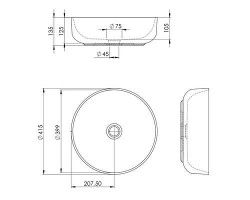 Desen tehnic al unei chiuvete rotunde montate pe blat cu dimensiuni