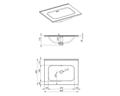 Desen tehnic al unei chiuvete cu dimensiuni