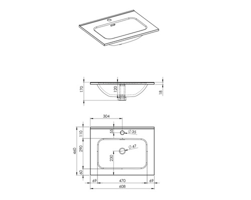 Desen tehnic al unui blat de chiuvetă cu dimensiuni