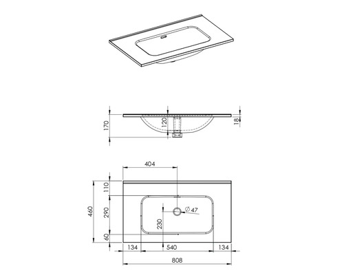 Desen tehnic al unei chiuvete cu dimensiuni
