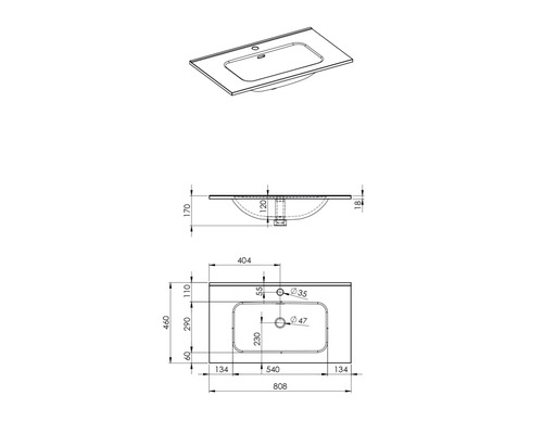 Desen tehnic al unui blat de lavoar cu dimensiuni