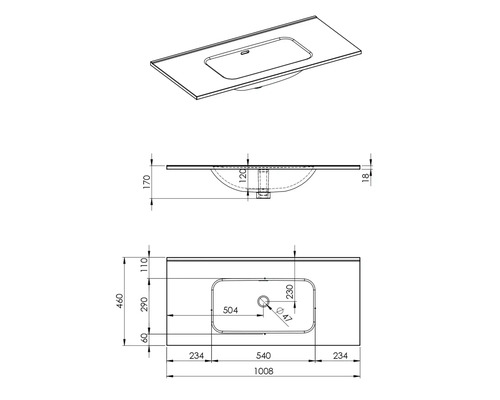 Desen tehnic al unui blat de lavoar cu dimensiuni