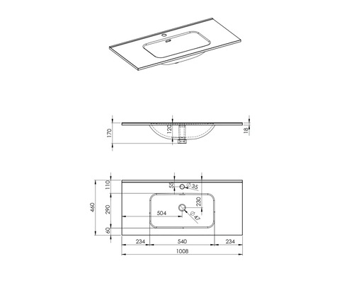 Desen tehnic al unui blat de lavoar cu dimensiuni