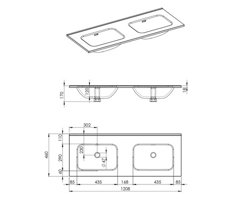 Desen tehnic cu dimensiunile unei chiuvete duble