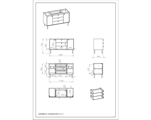 Desen tehnic al unui dulap de bază pentru chiuvetă cu dimensiuni
