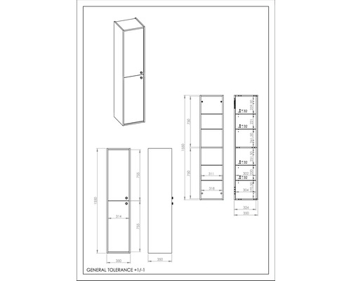 Desen tehnic al unui dulap înalt cu dimensiuni