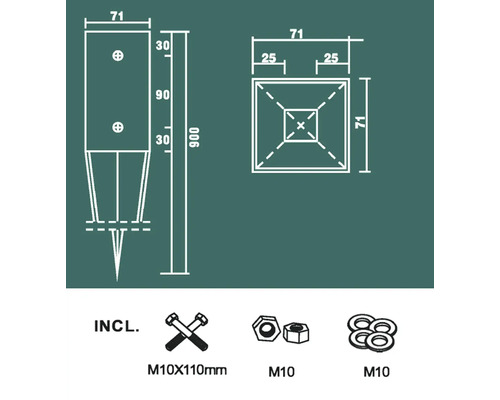 Suport stâlp tip țăruș Kaiserthal 71x71x900 mm, zincat, | HORNBACH