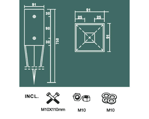 Desen tehnic al unui suport de stâlp cu dimensiuni și detalii despre șuruburile și piulițele incluse
