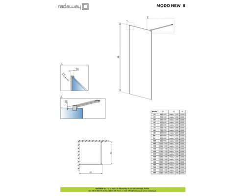 Radaway Modo New II perete de duș Desen dimensional cu dimensiuni