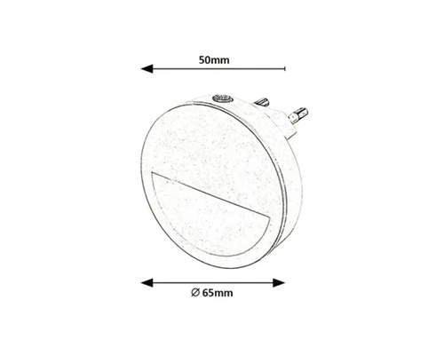Ilustrație a unei lămpi rotunde cu priză cu dimensiunile de 50 mm și un diametru de 65 mm