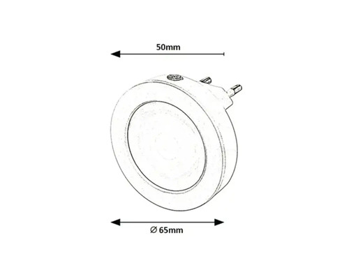 Schiță a unei lumini de noapte rotunde cu dimensiunile de 50 pe 65 de milimetri.