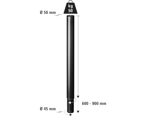Țeavă de oțel neagră cu indicații de dimensiune: diametru 50 milimetri sus, diametru 45 milimetri jos, lungime 600 până la 900 milimetri, sarcină maximă 50 kilograme.