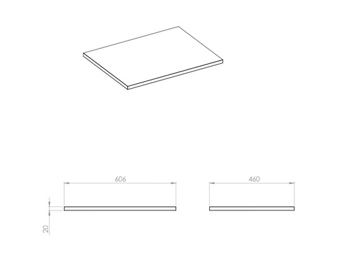 Desen tehnic al unui panou de mobilier cu dimensiunile 606 x 460 x 20 milimetri.