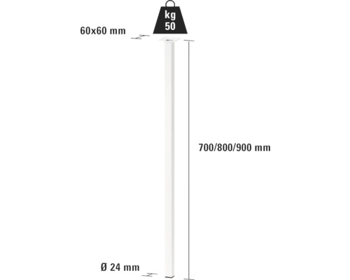 Desen tehnic al unei țevi metalice cu dimensiunile 60x60 mm, diametrul de 24 mm și o lungime de 700, 800 sau 900 mm, capacitate portantă 50 kg