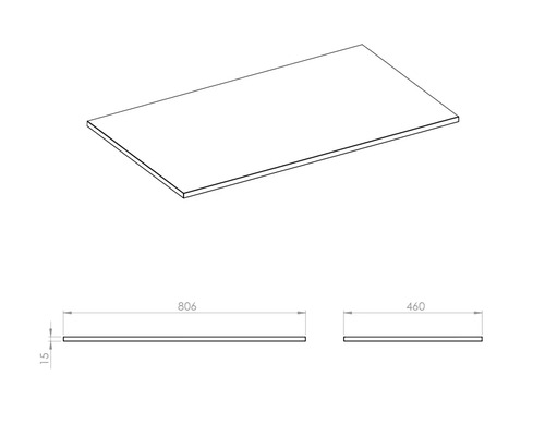 Desen cu o blat de lucru cu dimensiunile 806 x 460 x 15 milimetri.