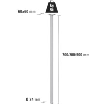 Desen tehnic al unui picior de masă cu dimensiuni de 700, 800 și 900 milimetri și o capacitate portantă de 50 kilograme