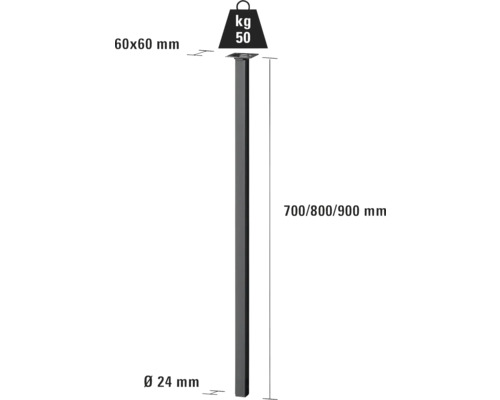 Desen al unui stâlp de gard cu dimensiunile de 60 x 60 mm și o lungime de 700, 800 sau 900 mm