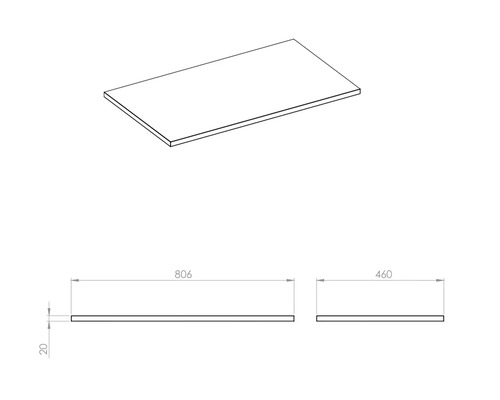 Desen tehnic al unei plăci cu dimensiunile 806 x 460 x 20 milimetri.