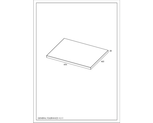 Desen tehnic al unei plăci cu dimensiunile 606 x 460 x 28 milimetri