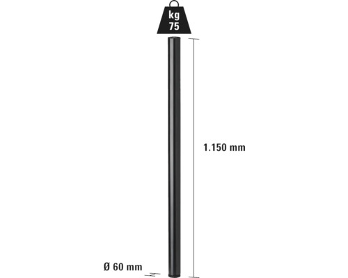 Dimensiunile unui stâlp: 60 milimetri diametru, 1150 milimetri lungime, 75 kilograme greutate.