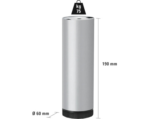 Picior de mobilier din metal cu o capacitate portantă de 75 de kilograme și dimensiuni de 60 pe 190 de milimetri.