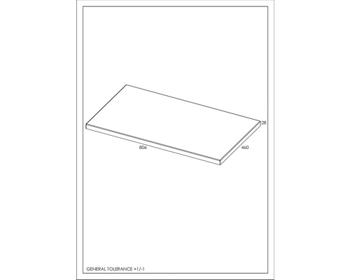 Desen tehnic al unei plăci cu dimensiunile 806 x 460 x 28 mm