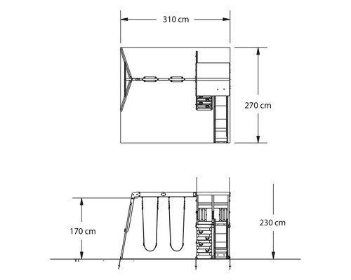 Dimensiunile turnului de joacă cu leagăn