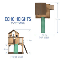 Căsuța de joacă Echo Heights cu vedere frontală și de sus și dimensiuni