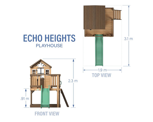 Căsuța de joacă Echo Heights cu vedere frontală și de sus și dimensiuni